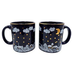 Vintage Waechtersbach Blue Gold Winter Dreams Christmas Holiday Mug Cup Set Of 2